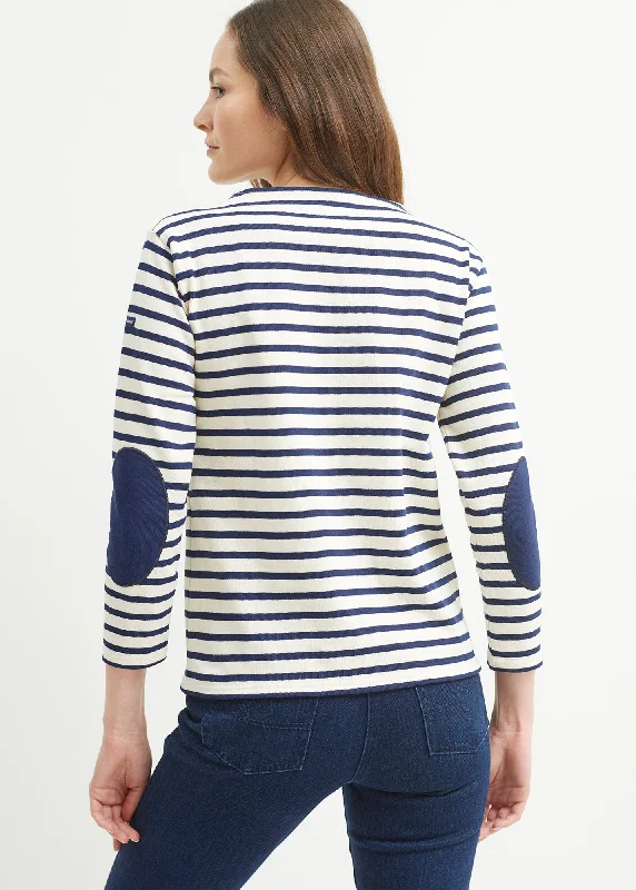 Huge Savings On Parisian Styles Guildo boat neck striped sailor shirt - plain elbow patches, in thick cotton (ECRU/MARINE)