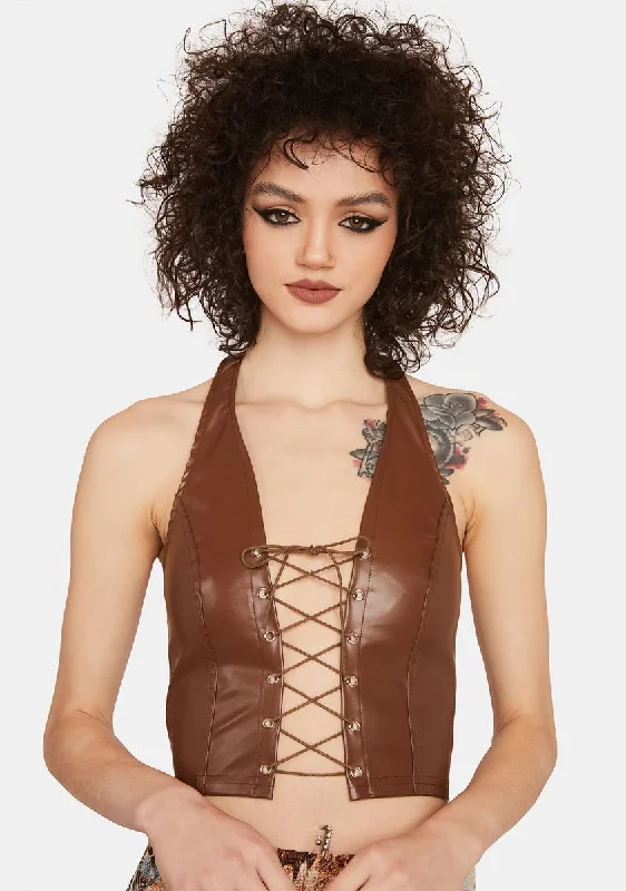 Essentials On Sale Mocha Cyber Sexy Lace-Up Halter Top