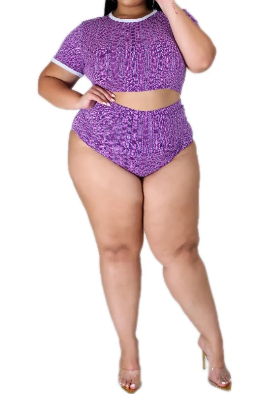 Flash Sale, Don't Miss Final Sale Plus Size 2-Piece Poolside Playsuit (Top & Bottom) in Purple Puzzle Print