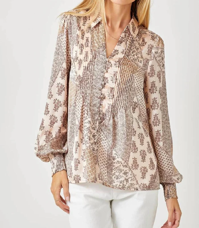 End Of Season Clearance Pintuck Print Blouse In Sand Mix