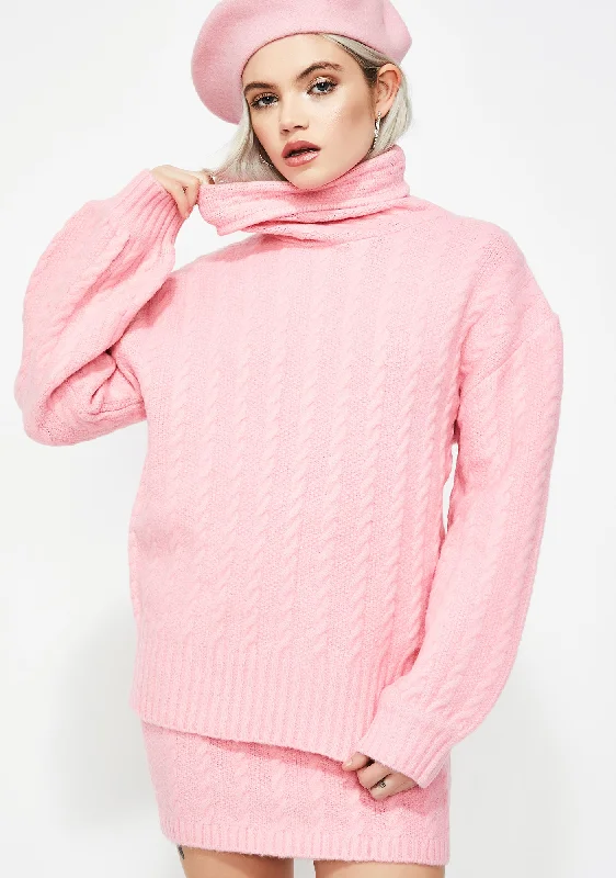 Rustic Countryside Charm Look Bubblegum Pop Cable Knit Sweater