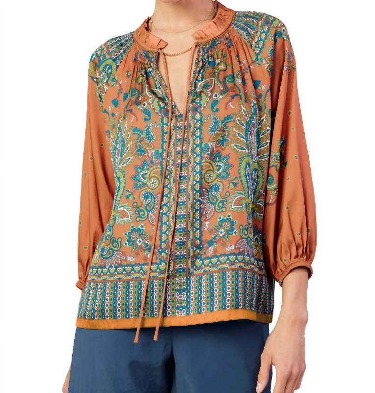 Fashion Deal Paisley Pattern Split Neck Blouse In Rust Multi