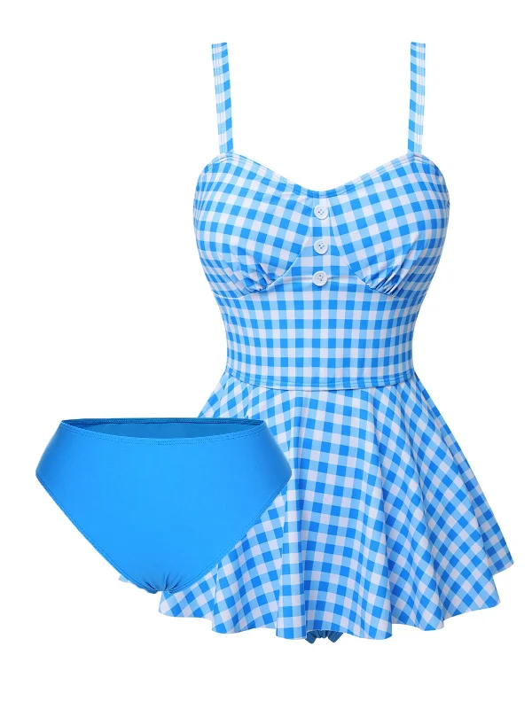 Fashion Essentials Dark Blue 1950s Plaid Spaghetti Strap Swimsuit