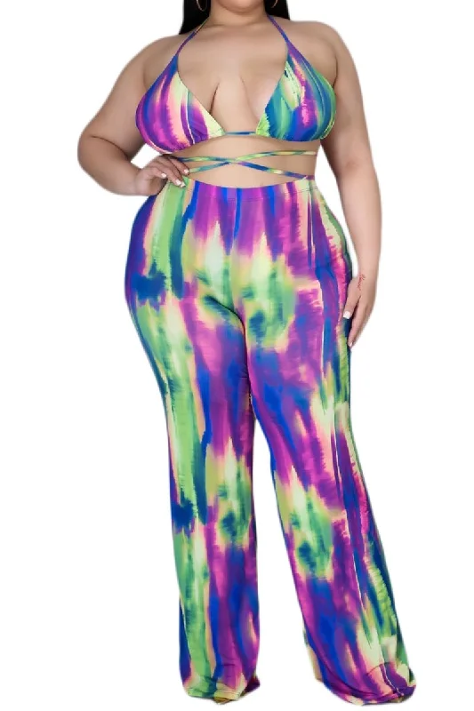 Huge Price Cut *Final Sale Plus Size  3pc Poolside Playsuit (Top, High Waist Bottoms & Pants) Set in Neon Watercolors