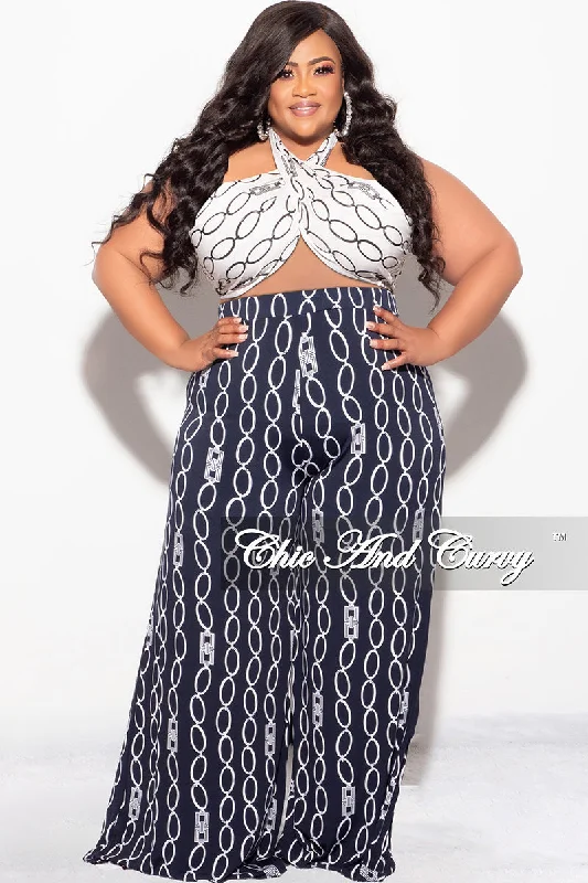 Spring Wardrobe Final Sale Plus Size 2pc Set Black & White Self Tie Top & Pants in Navy & White Chain Print