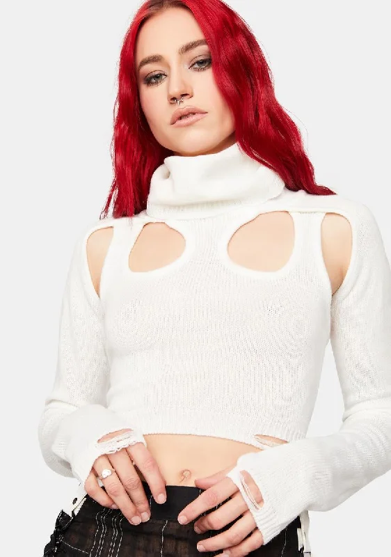 Playful Elegance Distortion Off White Knit Cutout Turtleneck Top