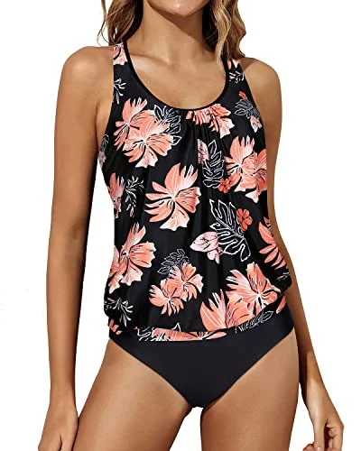 Runway Inspired Wear Racerback Women's Tankini Swimsuits High Waisted Bottom-Black Orange Floral