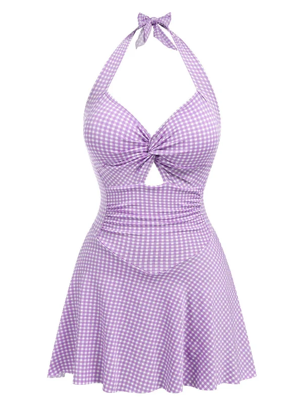 Special Offer Purple 1930s Plaid Halter One-Piece Swimsuit