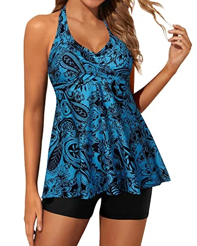 Trend Leading Collection Twist Front Tankini Swimsuits For Women Boy Shorts Two Piece Swimwear-Black And Tribal Blue