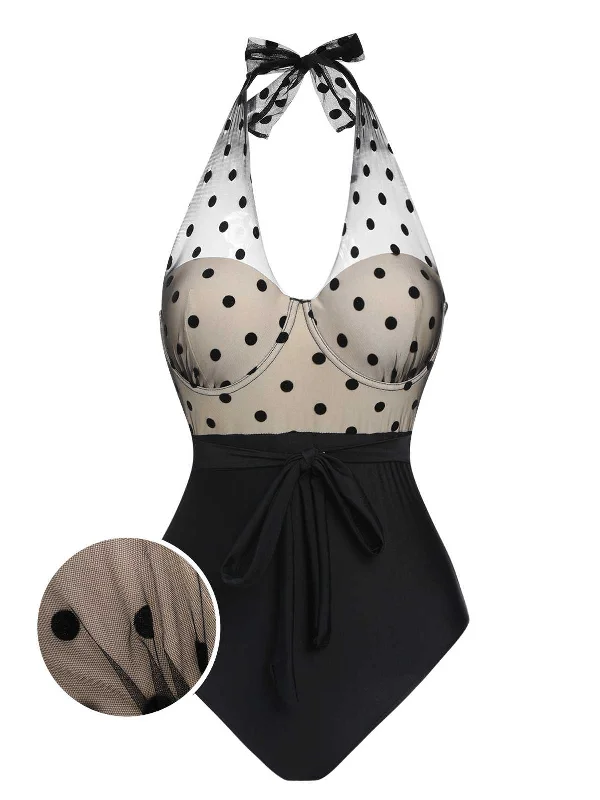 Tropical Island - Inspired Attire Black 1950s Halter Polka Dots Mesh Swimsuit