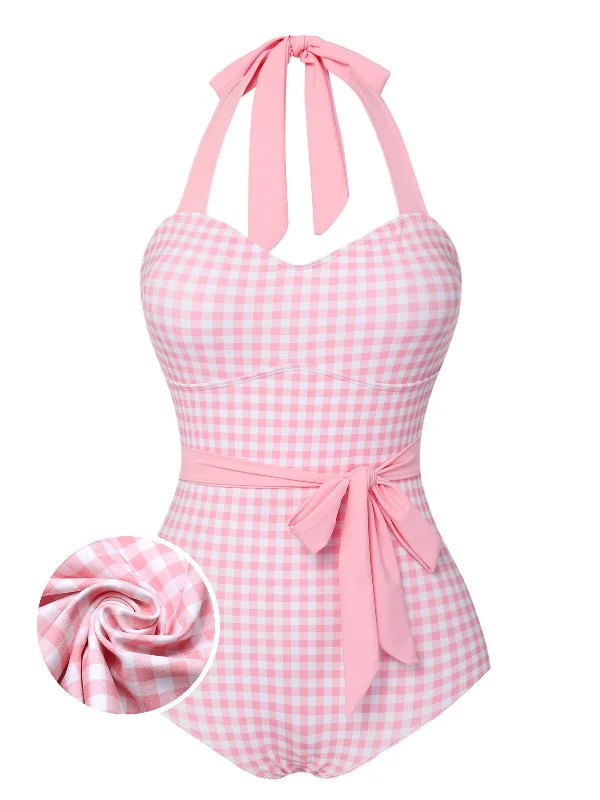 Glamorous Evening Wear Pink 1940s Plaid Halter One-Piece Swimsuit