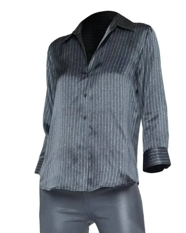 Elegant Style Dani 3/4 Sleeve Blouse In Grey/ivory Pinstripe