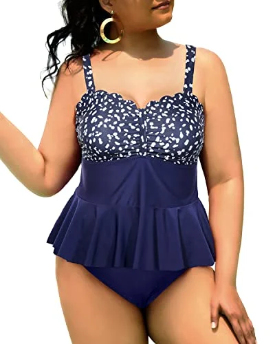 The Epitome Of Modern Women's Fashion Trendy High Waisted Peplum Tankini Plus Size Scalloped Swimsuits with Tummy Control