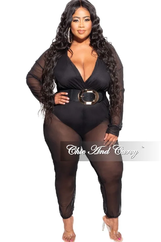 Crazy Discounts, Hurry Up Final Sale Plus Size Sheer Mesh Deep V Jumpsuit in Black