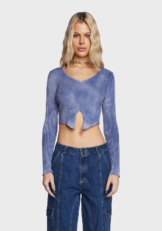 Chic Wardrobe Washed Blue Ribbed Knit Top