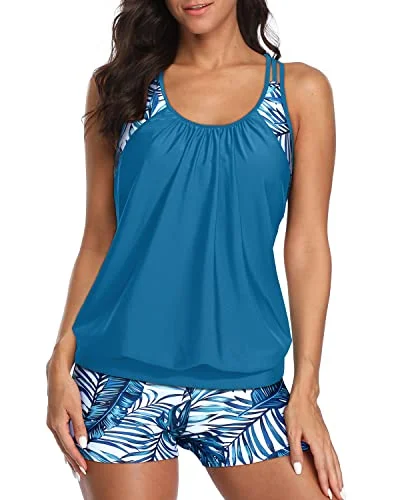 Comfort First Women's Wear High Waisted Board Shorts Sporty Tankini For Women Tummy Control Top-Blue Leaf