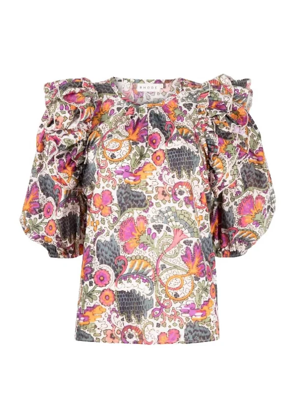 Elevate Your Wardrobe Nino Ruffle Trim Elbow Sleeve Blouse In Lamu Multi