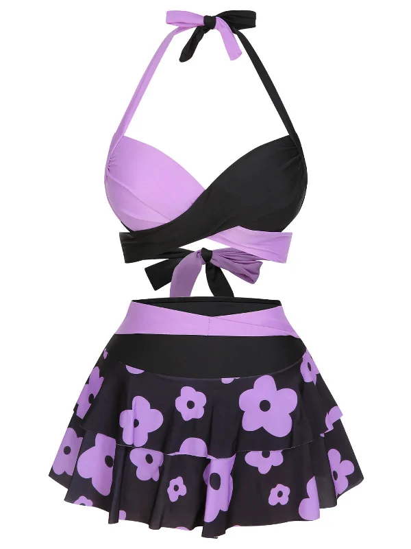 Weekend Exclusive 1950s Color Block Floral Halter Swimsuit