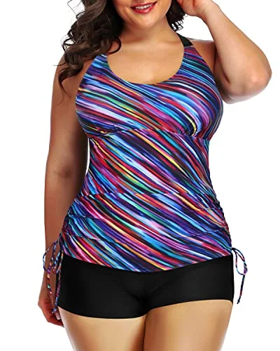 Chic Wardrobe Essentials Athletic Plus Size Tankini Swimsuit Bathing Suit Top Shorts-Color Oblique Stripe