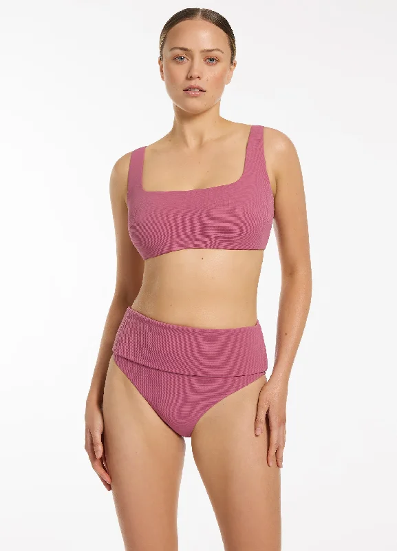 Preppy Style Isla Rib Fold Down High Waisted Bikini Bottom - Mauve