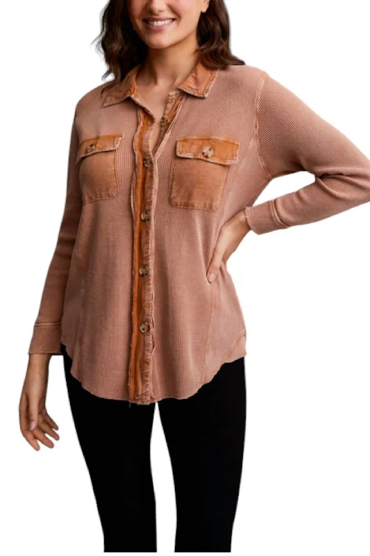 Edgy Fashion Waffle Button Down Shacket In Almond