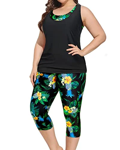 End Of Season Sale Plus Size Women's 3 Piece Swimsuits Tankini Tops with Swim Capris and Sports Bra