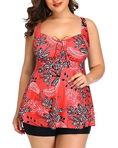 Stylish Basics Women's Buckle At Back Plus Size Tankini Swimsuits 2 Piece Swimwear-Red Floral