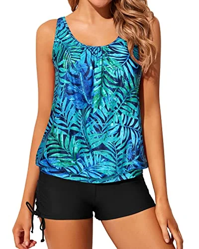 Trendsetter's Closet Women's Removable Built-In Sports Bras Adjustable Blouson Tankini Swimsuits-Dark Blue Green Leaves