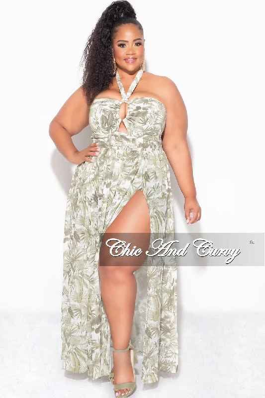 New In This Season Final Sale Plus Size Halter Chiffon Maxi Dress with Slits in Olive Palm Print