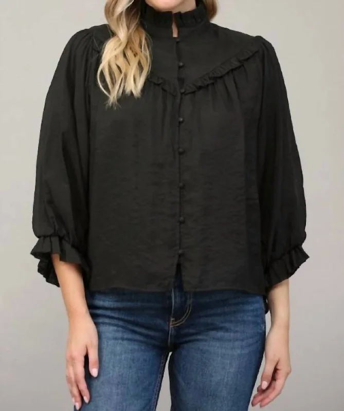 Special Occasion Wear Ruffle Bubble Sleeve Blouse In Black