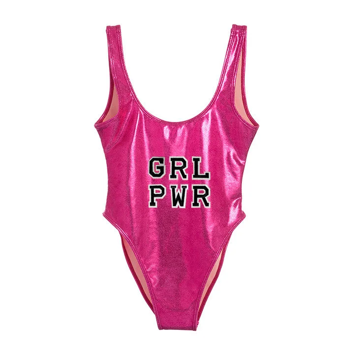 Dive Into Trendy Styles GRL PWR [FELT LETTER PATCH METALLIC SWIMSUIT]