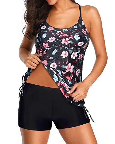 Trendy Threads Tummy Control Tankini Side Tie Tank Top For Women-Black And Pink Floral