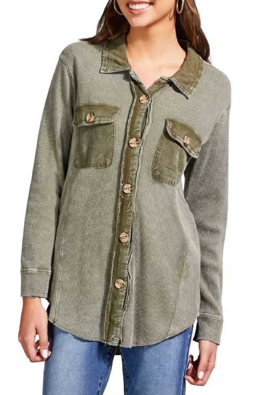 Rocker Chic Fashion Waffle Button Down Shacket In Olive