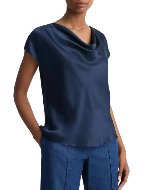 Exclusive Discount Cowl Neck Cap Sleeve Blouse In Coastal Blue