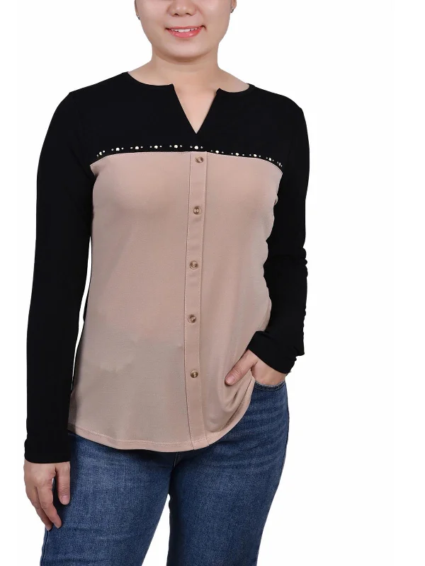 Trendsetter's Closet Petites Womens Colorblock Embellished Blouse