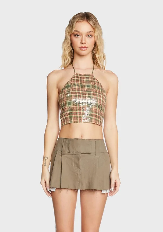 Find Your Unique Flair Sequin Plaid Halter Top