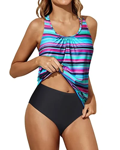 Chic Styles Women Two Piece Swimsuit Tummy Control Tankini Racerback Blouson Swimwear