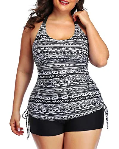 Trend Forward Women's Wear Women's Plus Size Strappy Tankini Top And Boyleg Shorts Swimsuit-Black Tribal