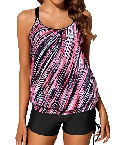 Chic Wardrobe Essentials Full Coverage Slimming Tummy Control Womens Blouson Tankini Swimsuits-Pink Stripe