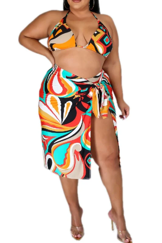 Stupidly Low Prices Final Sale Plus Size 3pc Poolside Playsuit (Bikini Top, Bottom & Skirt) Set in Multicolor Swirl Print