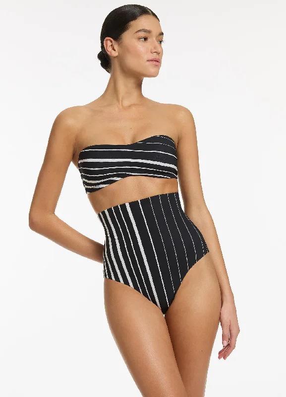 Art Deco Geometric Pattern Look Lunar Stripe Ultra High Waist Bikini Bottom - Black/Chalk