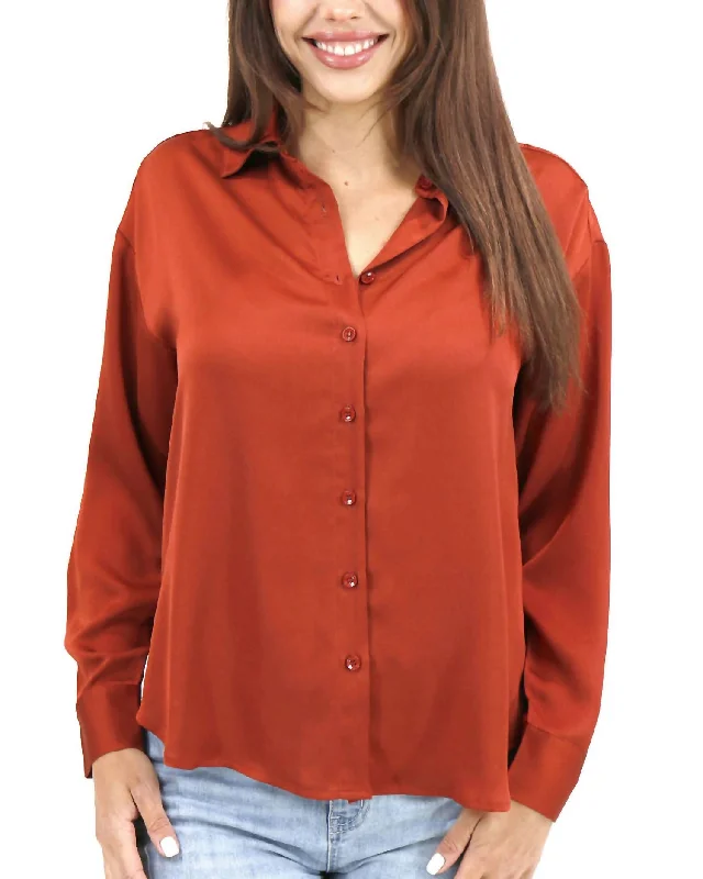 Preppy Style Satin Button Down Top In Rust