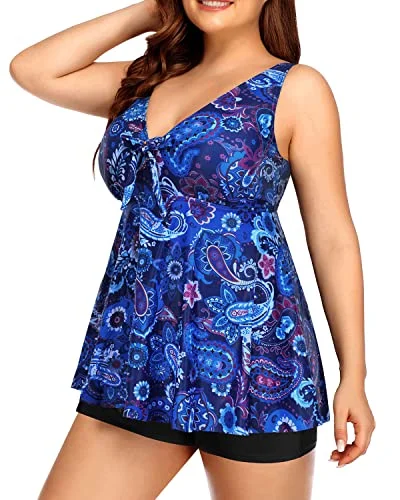 Cutting Edge Fashion Slimming Flare Silhouette Swimwear Tie Knot Plus Size Tankini Set-Blue Tribal