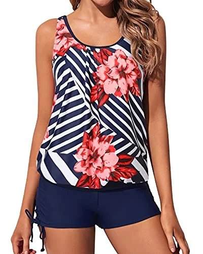 Stay Ahead In Style Comfortable Two Piece Blouson Tankini Swimsuits For Women-Blue Floral