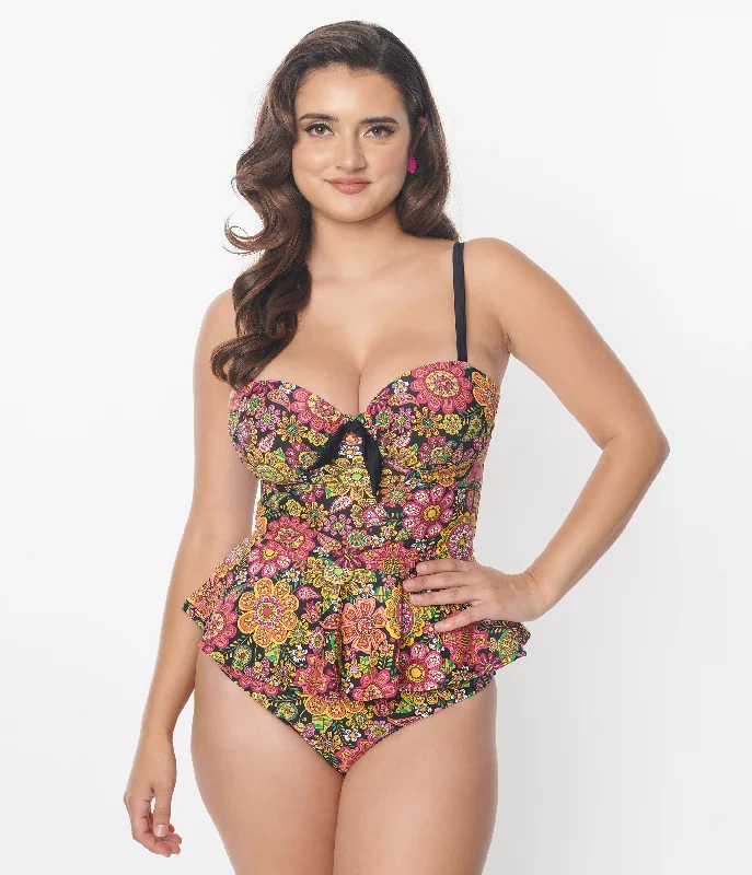 Athleisure Wear Special Offer Unique Vintage 1960s Kaleidoscope Floral Solana Tankini Swim Top