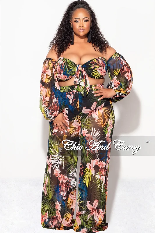 Unbeatable Prices Final Sale Plus Size 2 Piece Mesh Set with Off the Shoulder Top & Pants Tropical Print