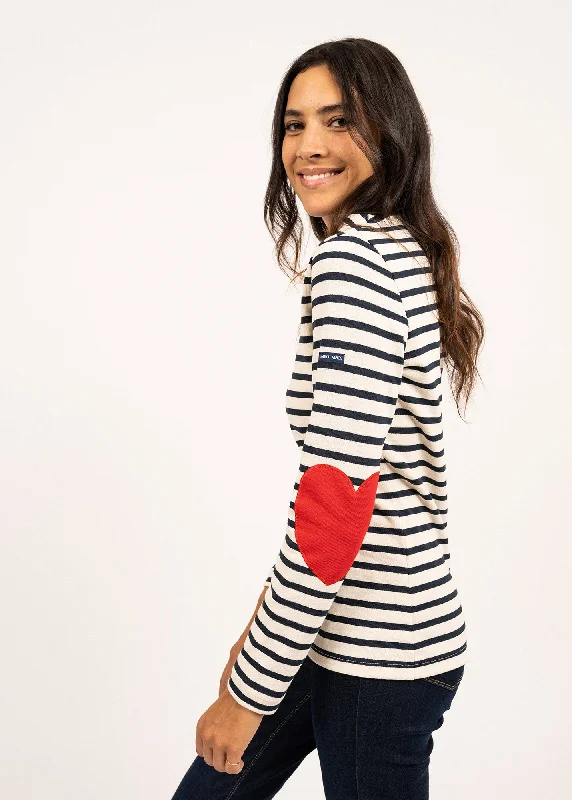 End Of Month Blowout Vaujany striped sailor shirt - in thick cotton jersey, heart-shapes elbow patches (ECRU/MARINE)