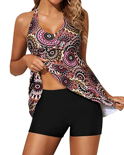 Comfortable Chic Halter V Neck Tankini Swimsuits For Women Shorts-Brown Print