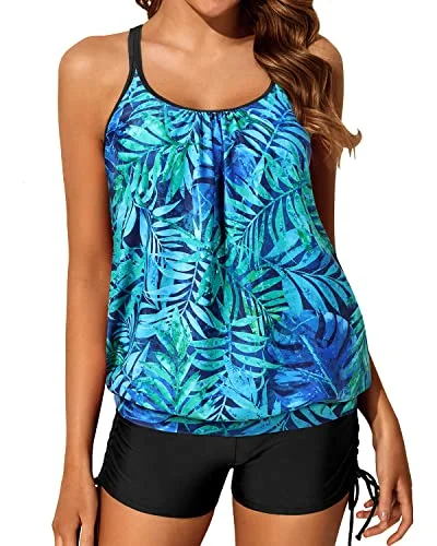 Style Streetwear Slimming Push Up Padded Bra Blouson Tankini Swimsuit Shorts-Dark Blue Green Leaves