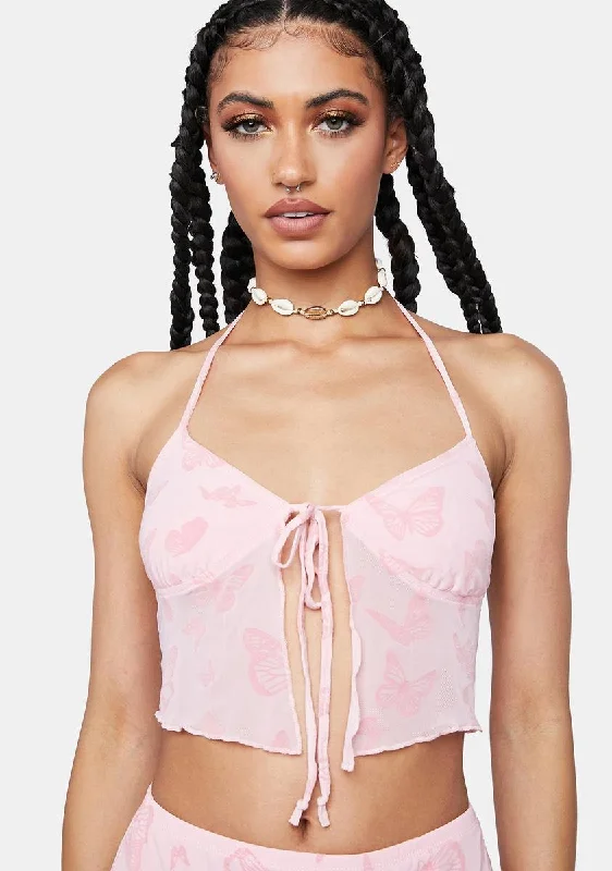 Modern Casual Clothing Butterfly Pink Flock Shara Crop Top